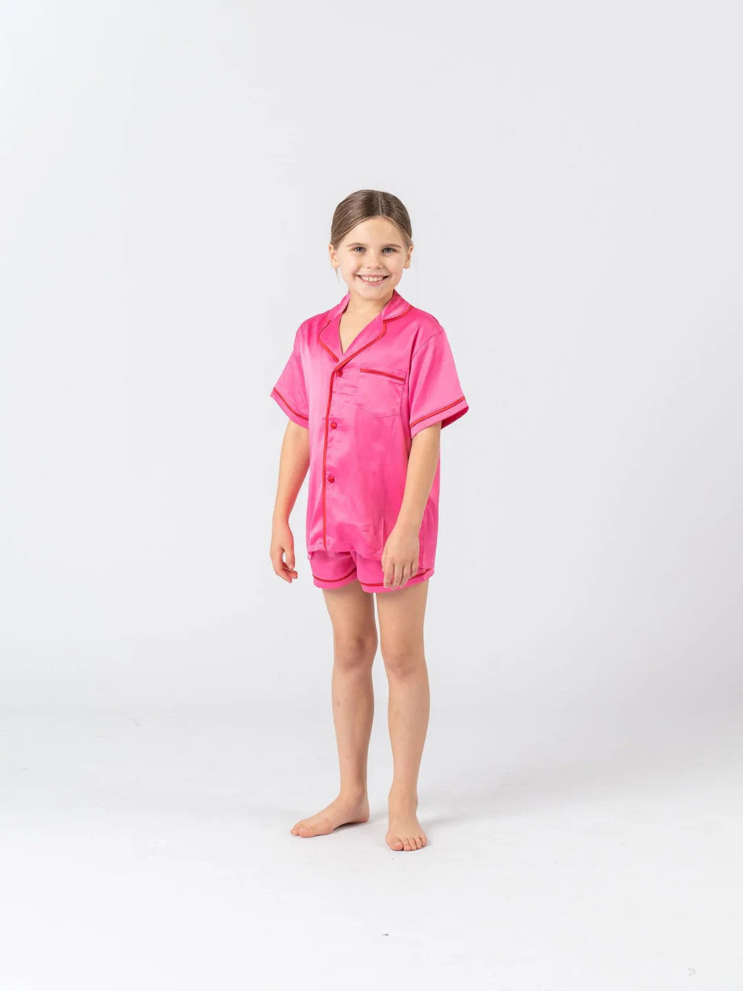 Midnight Mischief - Baby & Kids Luxe Satin Personalised Short Sleeve Pyjama Set | Hot Pink & Red