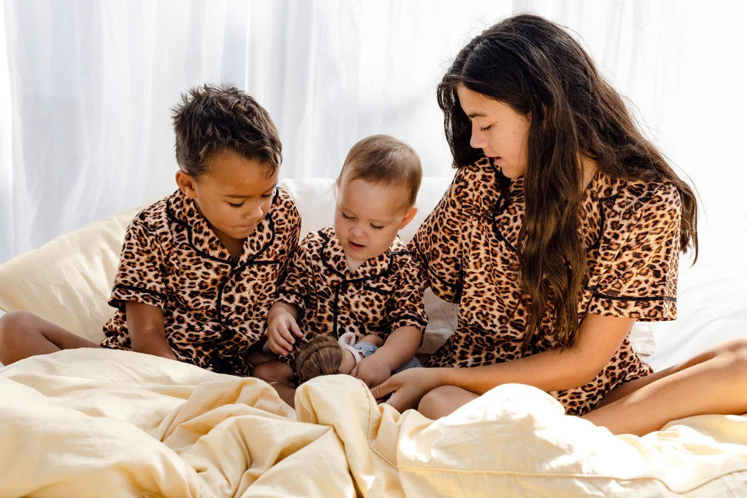 Midnight Mischief - Baby & Kids Luxe Satin Personalised Short Sleeve Pyjama Set | Leopard Print