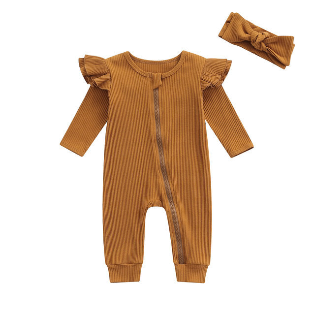 Ribbed Flutter Romper | Brown