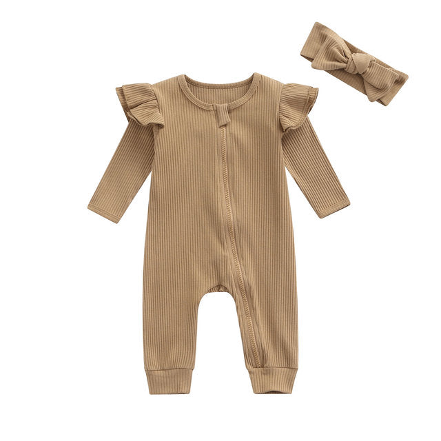 Ribbed Flutter Romper | Latte